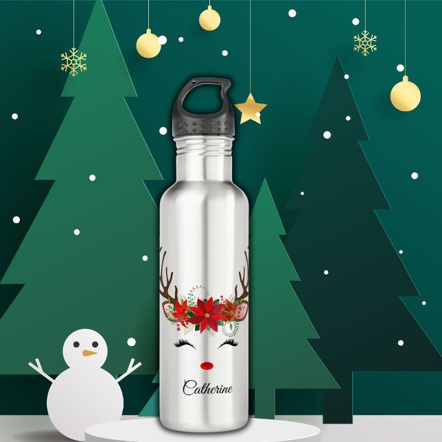 Floral Christmas Reindeer Personalised Name 710 Ml Water Bottle (Creator Uploaded)