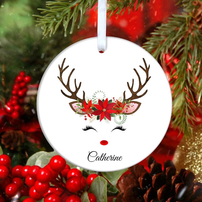 Floral Christmas Reindeer Personalised Name Ceramic Tree Decoration (Creator Uploaded)