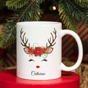 Floral Christmas Reindeer Personalised Name Large Coffee Mug