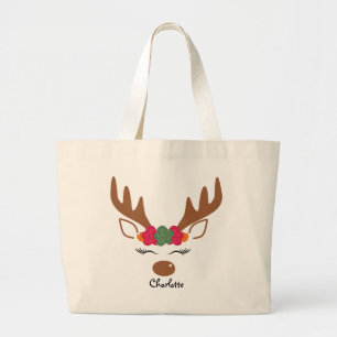 Floral Christmas Reindeer Personalised Name Large Tote Bag