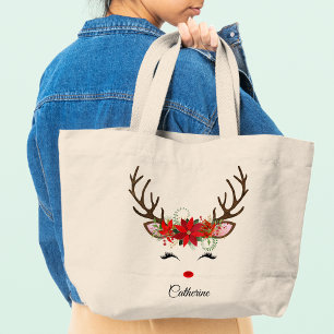 Floral Christmas Reindeer Personalised Name Large Tote Bag