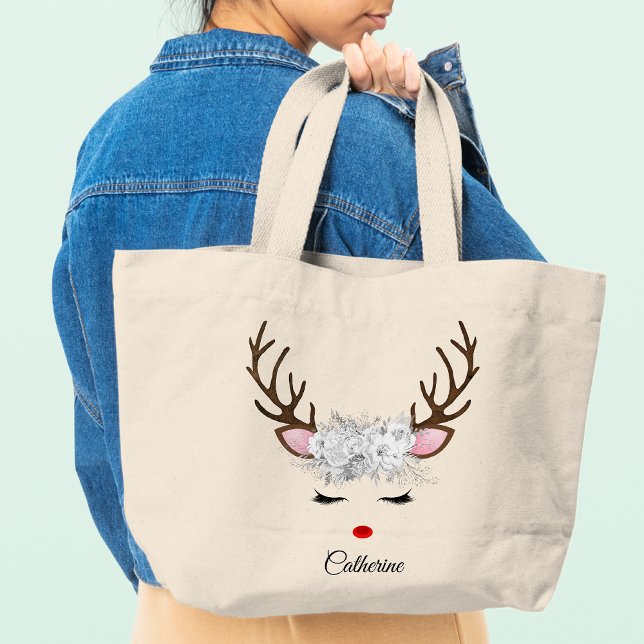 Floral Christmas Reindeer Personalised Name Large Tote Bag (Creator Uploaded)