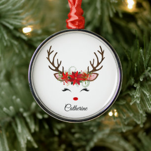 Floral Christmas Reindeer Personalised Name Metal Tree Decoration