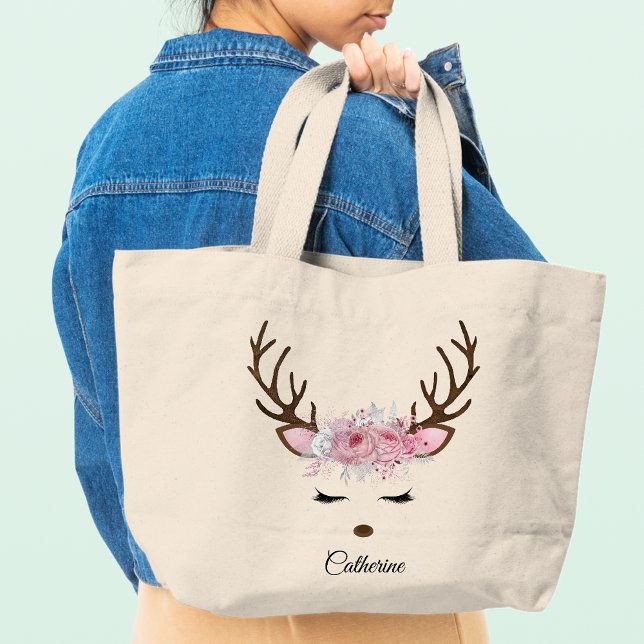 Floral Christmas Reindeer Personalized Name Large Tote Bag (Creator Uploaded)