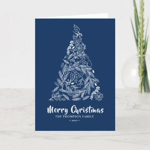 Floral Christmas Tree   Poinsettia Pine Bough Blue Holiday Card