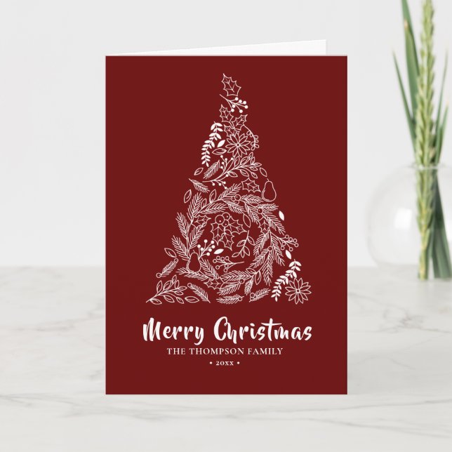 Floral Christmas Tree | Poinsettia Pine Bough Red Holiday Card (Front)