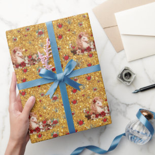 Floral Christmas Unicorn Gold Girl Wrapping Paper