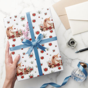 Floral Christmas Unicorn Kids White Wrapping Paper