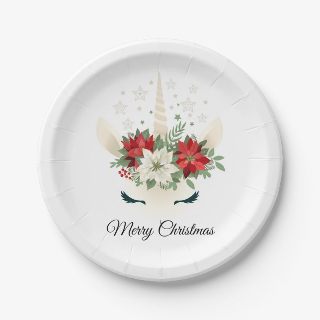 Floral Christmas Unicorn | Merry Christmas Paper Plate (Front)