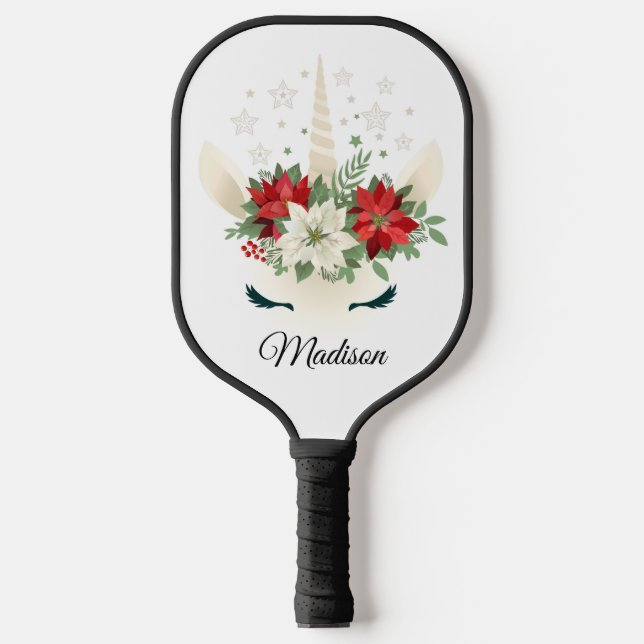 Floral Christmas Unicorn Personalised Name Pickleball Paddle (Front)