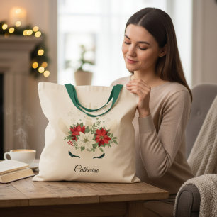 Floral Christmas Unicorn Personalised Name Tote Bag