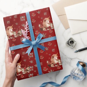 Floral Christmas Unicorn Red Girl Wrapping Paper
