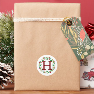 Floral Christmas Wreath Family Monogrammed Name Classic Round Sticker