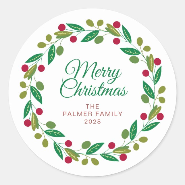 Floral Christmas Wreath Family Name Classic Round Sticker (Front)