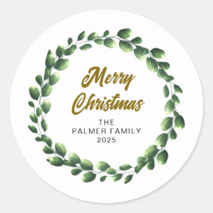 Floral Christmas Wreath Family Name Classic Round Sticker