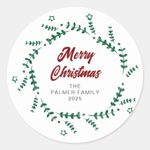 Floral Christmas Wreath Family Name Classic Round Sticker