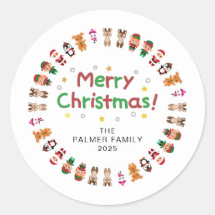 Floral Christmas Wreath Family Name Classic Round Sticker