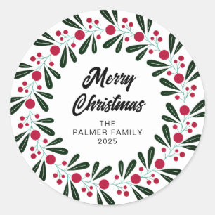 Floral Christmas Wreath Family Name Classic Round Sticker