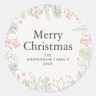 Floral Christmas Wreath Family Name Classic Round Sticker