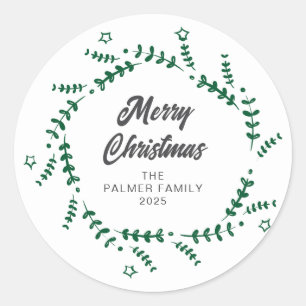 Floral Christmas Wreath Family Name Classic Round Sticker