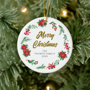 Floral Christmas Wreath Family Photo Ceramic Tree Decoration