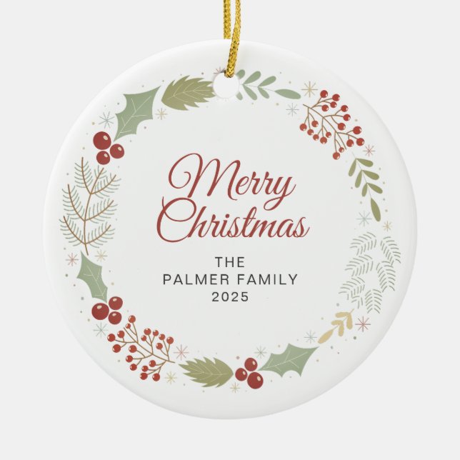 Floral Christmas Wreath Family Photo Ceramic Tree Decoration (Front)