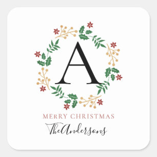 Floral Christmas Wreath Monogrammed Family Name Square Sticker