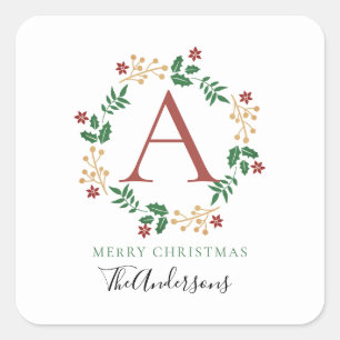 Floral Christmas Wreath Monogrammed Family Name Square Sticker