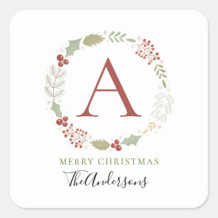 Floral Christmas Wreath Monogrammed Family Name Square Sticker
