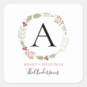 Floral Christmas Wreath Monogrammed Family Name Square Sticker