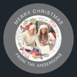 Floral Christmas Wreath Photo Family Name Classic Round Sticker<br><div class="desc">Floral Christmas Wreath Photo Family Name</div>