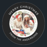 Floral Christmas Wreath Photo Family Name Classic Round Sticker<br><div class="desc">Floral Christmas Wreath Photo Family Name</div>