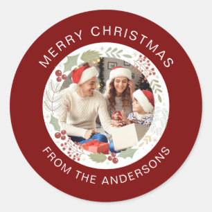Floral Christmas Wreath Photo Family Name Classic Round Sticker