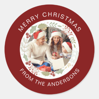 Floral Christmas Wreath Photo Family Name Classic Round Sticker