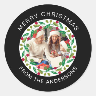 Floral Christmas Wreath Photo Family Name Classic Round Sticker