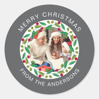 Floral Christmas Wreath Photo Family Name Classic Round Sticker