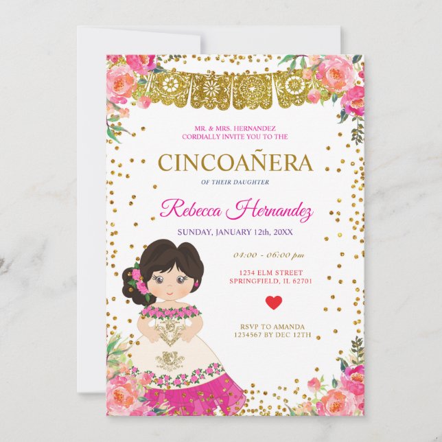 Floral CINCOAÑERA Royal Pink Mexican Invitation (Front)