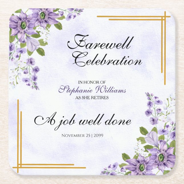 Floral Classic Elegant Women's Farewell Party  Square Paper Coaster (Front)
