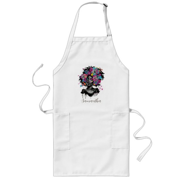 Floral Classy Afro Woman Long Apron (Front)