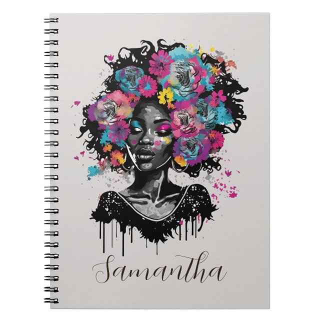 Floral Classy Afro Woman Notebook (Front)