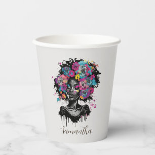 Floral Classy Afro Woman Paper Cups