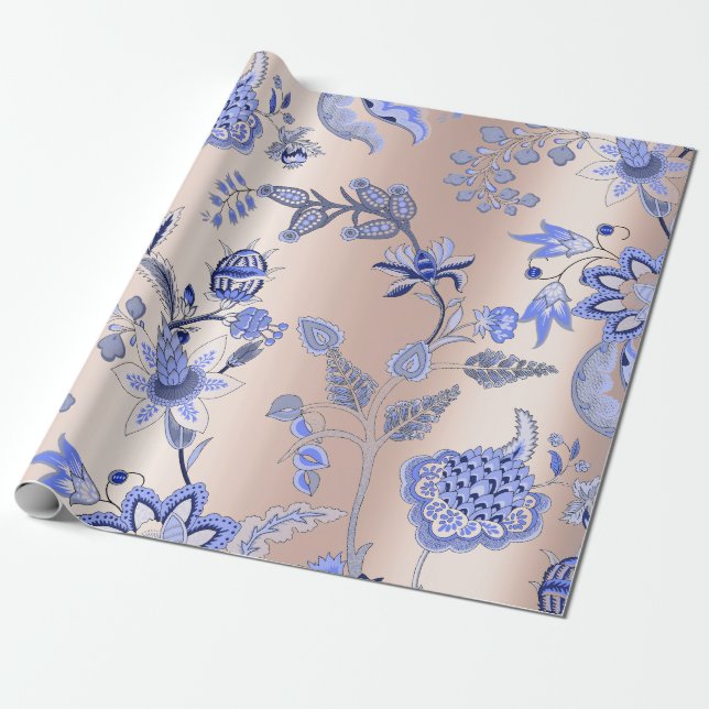 Floral Cobalt Blue Pink Rose Pearly Blush Orichid Wrapping Paper (Unrolled)