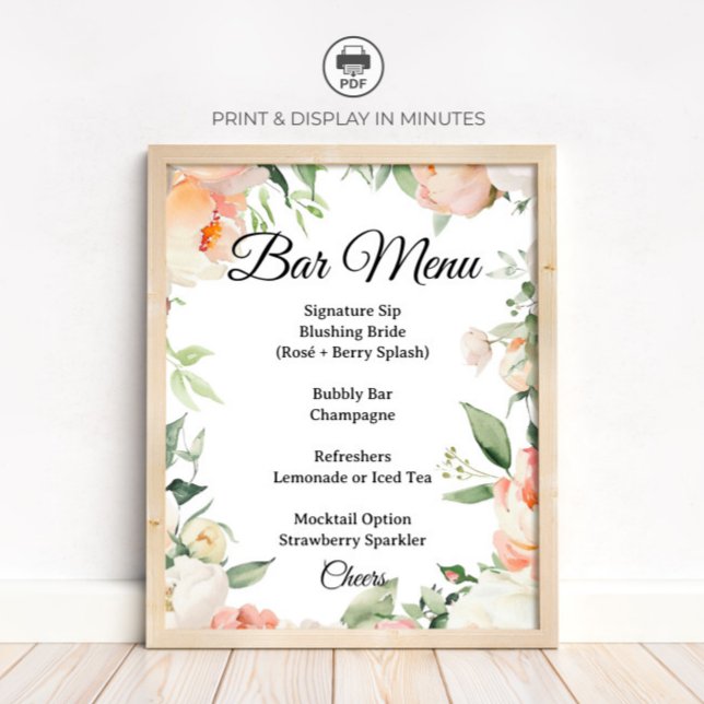 Floral Cocktail Bar Menu Bridal Shower Sign (Creator Uploaded)