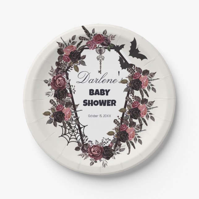 Floral Coffin Halloween Baby Shower Paper Plate (Front)