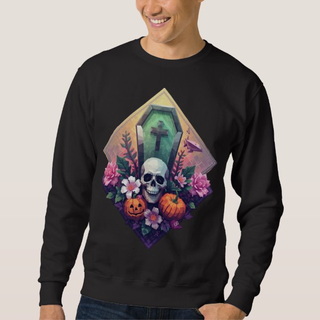 Floral Coffin Skull with pumpkin Pixel art Sweatshirt (Front)