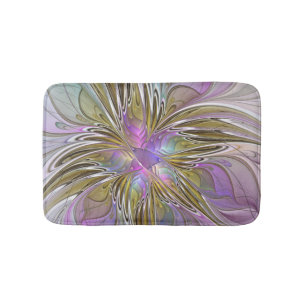 Floral Colorful Abstract Fractal With Pink & Gold Bath Mat