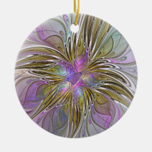 Floral Colorful Abstract Fractal With Pink & Gold Ceramic Tree Decoration
