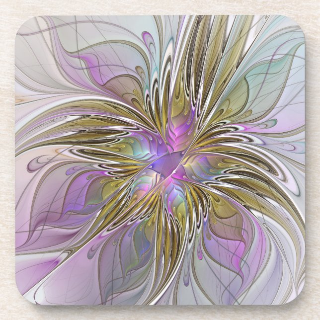 Floral Colorful Abstract Fractal With Pink & Gold Coaster (Front)
