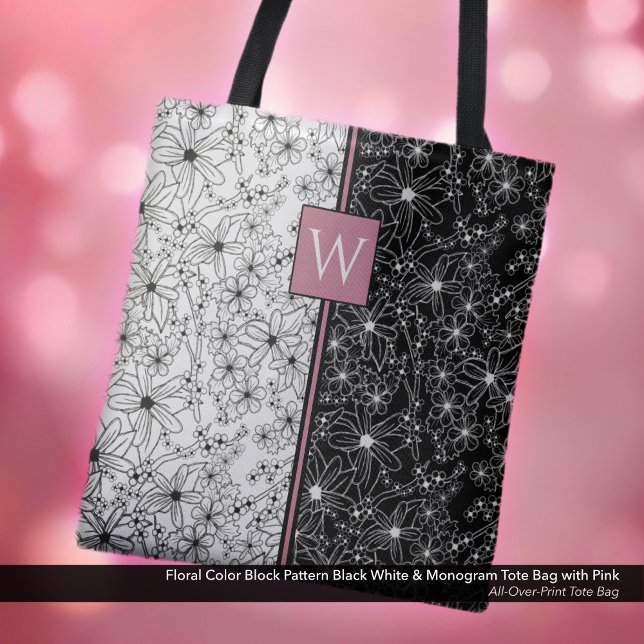 Floral Colour Block Pattern Black White & Monogram Tote Bag (Floral Black & White Color-Block Pattern with Pink Monogrammed Tote Bag.)