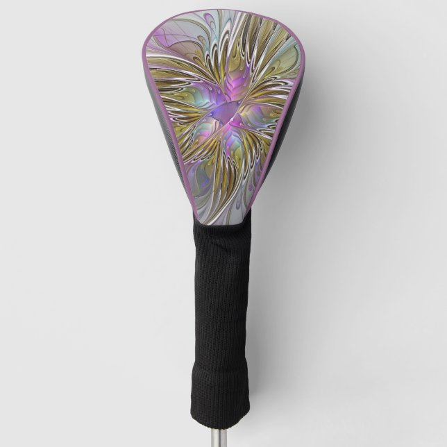 Floral Colourful Abstract Fractal Art Pink & Gold Golf Head Cover (Front)